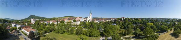 Aerial panorama of the town of Engen, on the left on the horizon the Hegau volcanoes Hohenstoffeln