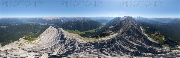 Alpine panorama, aerial view, Westliche Wettersteinspitze, Wetterstein Mountains, Bavaria, Germany,