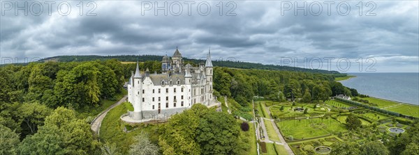 Aerial panorama of Dunrobin Castle, Golspie, Sutherland, Highlands, Scotland, United Kingdom,
