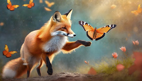 A red fox playfully chases a butterfly, AI generated