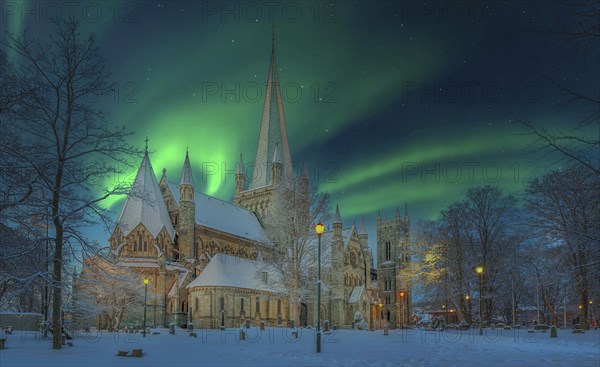 Winter Snow Night Northern Lights Cathedral Nidaros Trondheim Norway