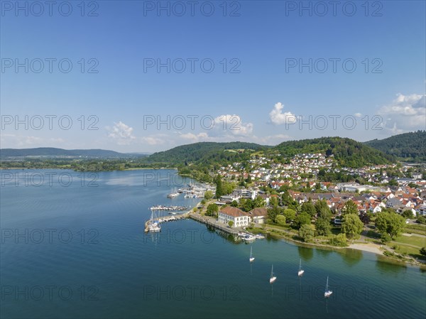 Aerial view of Lake Constance with the municipality of Bodman-Ludwigshafen with the marina and old