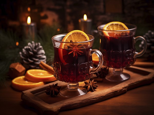 Two glasses of traditional mulled wine with orange and cranberry garnishes on a cozy Christmas
