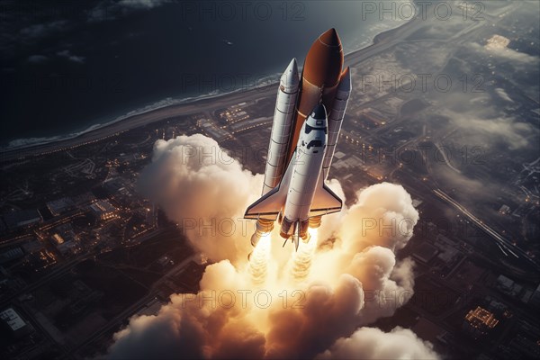 Aerial view of a rocket shuttle carrier launch at sunrise over an ocean coast. The rocket is