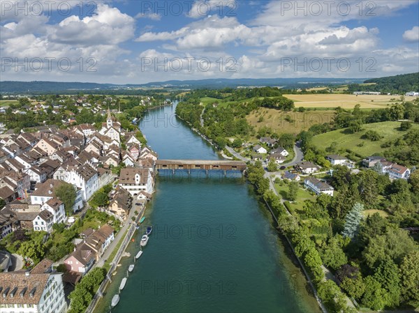 Aerial view of Diessenhofen with the historic wooden bridge over the Rhine, Canton Thurgau,