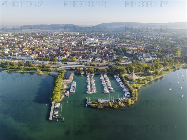 Aerial view of the town of Radolfzell on Lake Constance with the WÃ¤schbruck harbour, harbour pier