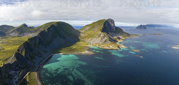 Mountains and coast of the island of Vaeroy, Vaeroy, Lofoten, Norway, Europe