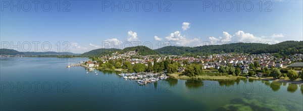 Aerial panorama of Lake Constance with the municipality of Bodman-Ludwigshafen with the marina and