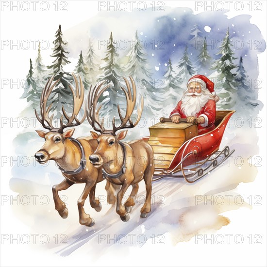 A watercolor drawing illustration of Santa Claus sleigh ride with reindeer, in the style of