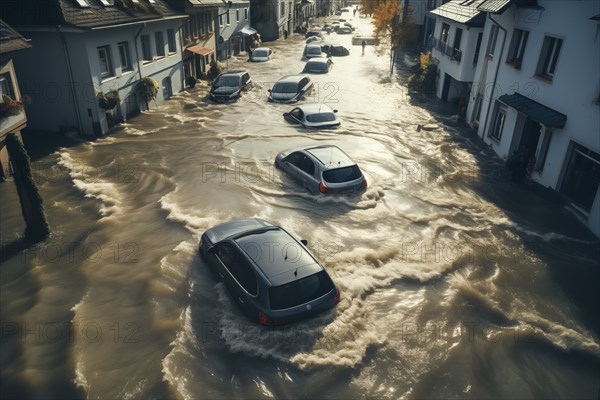 Climate change disaster flood catastrophe concept background, cars in flooded street of European