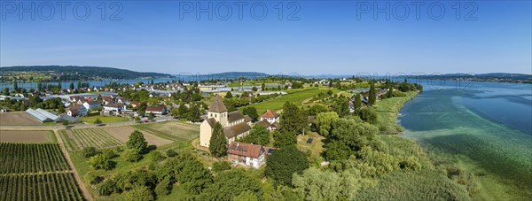 Aerial panorama of Reichenau Island with St. George's Church, Oberzell, Reichenau, UNESCO World