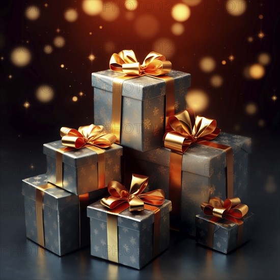 A pile of blue Christmas presents gift boxes on blue background. The image captures the festive