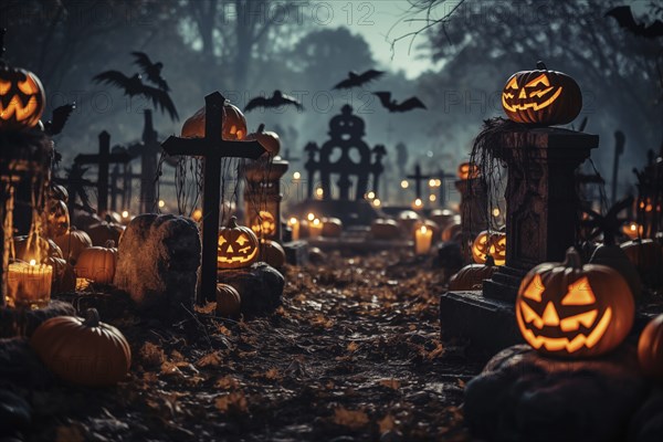 Halloween concept, spooky graveyard at night under full moon with Halloween jack-o-lantern pumpkins