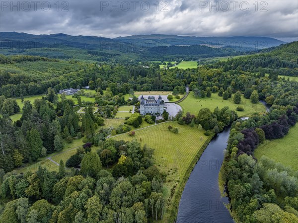 Aerial view of Inveraray Castle seen from the south with the River Aray, Argyll and Bute, Scotland,
