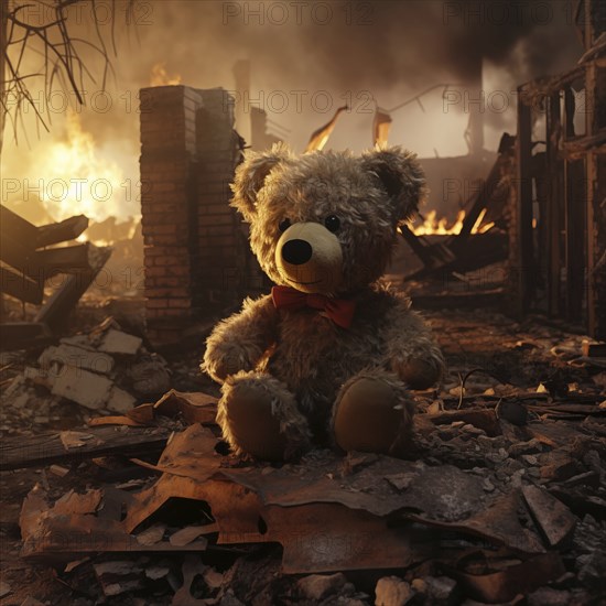 A poignant concept image depicting the tragic impact of war on children. A sad teddy bear toy sits