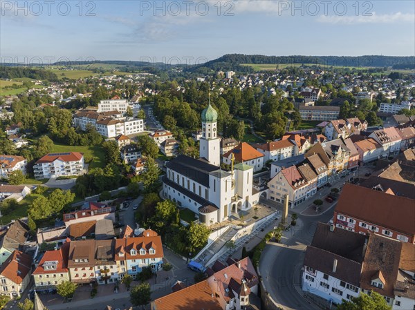 Aerial view of the town of Stockach with the church of St. Oswald in the upper town, historic town