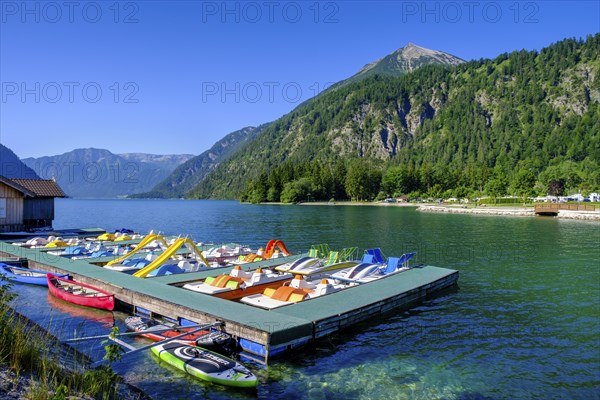 Bathing beach with boat hire, near Achenkirch, Achensee, Tyrol, Austria, Europe