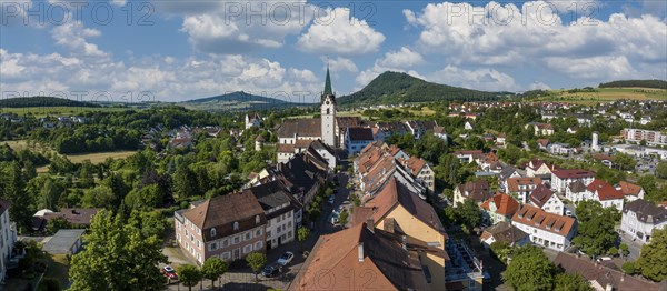 Aerial panorama of the old town of Engen, on the horizon the Hegauberge Hohenhewen and