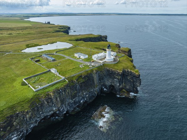 Aerial view of the lighthouse at Noss Head, North Sea coast, Wick, County Caithness, Scotland,