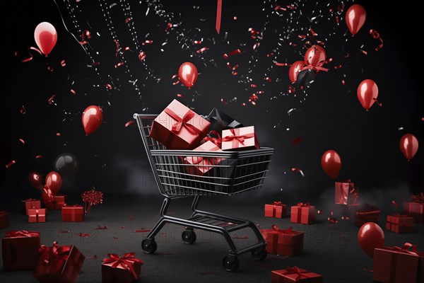 A black Friday Sale concept, black present boxes with red ribbons in shopping cart on a black