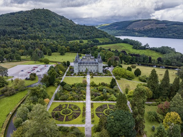 Aerial view of Inveraray Castle seen from the southwest, Argyll and Bute, Scotland, United Kingdom,