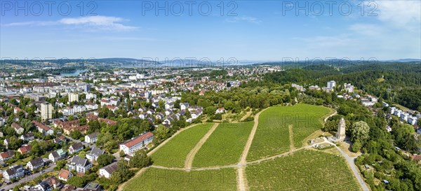 Aerial panorama of the Bismarck Tower on the Raiteberg in the northern part of the city of