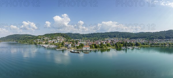 Aerial panorama of Lake Constance with the municipality of Bodman-Ludwigshafen with the marina and