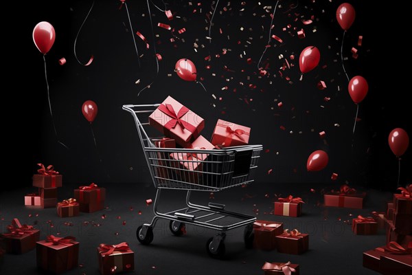 A black Friday Sale concept, black present boxes with red ribbons in shopping cart on a black
