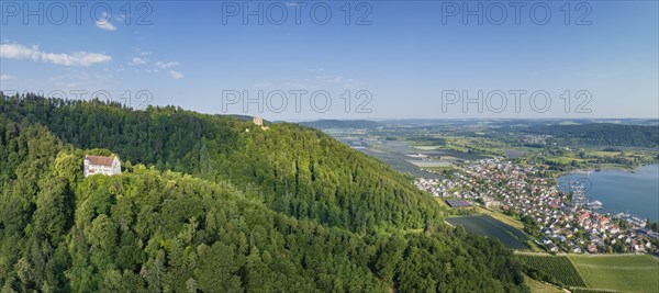 Aerial panorama of Lake Constance with Frauenberg Castle, also known as Frauenberg Castle, behind