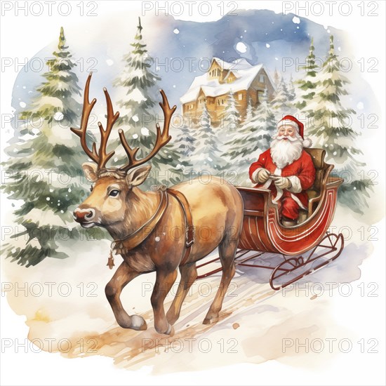 A watercolor drawing illustration of Santa Claus sleigh ride with reindeer, in the style of