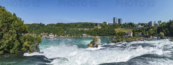 Aerial panorama of the Rhine Falls, viewing terrace on the left, Neuhausen, Canton Schaffhausen,