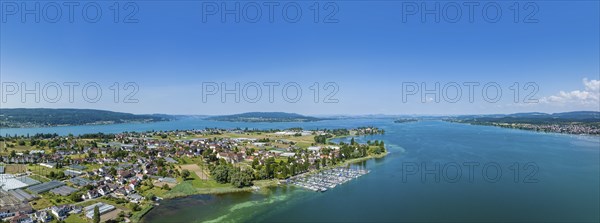 Aerial panorama of the western part of the island of Reichenau, on the horizon from the left the