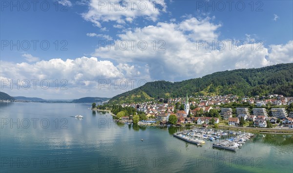 Aerial panorama of Lake Constance with the village of Sipplingen, Lake Constance district