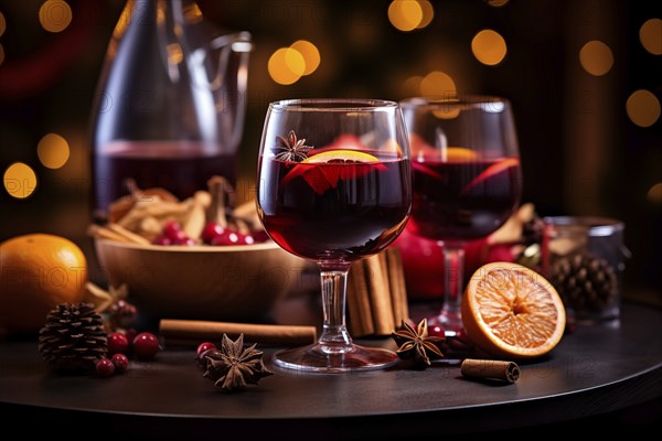 Two glasses of traditional mulled wine with orange and cranberry garnishes on a cozy Christmas
