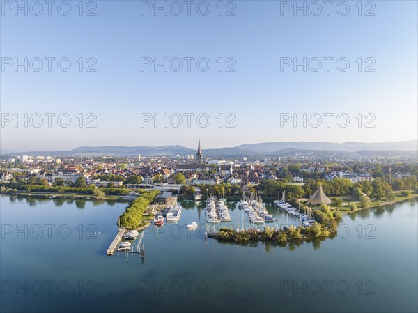 Aerial view of the town of Radolfzell on Lake Constance with the WÃ¤schbruckhafen, harbour pier,