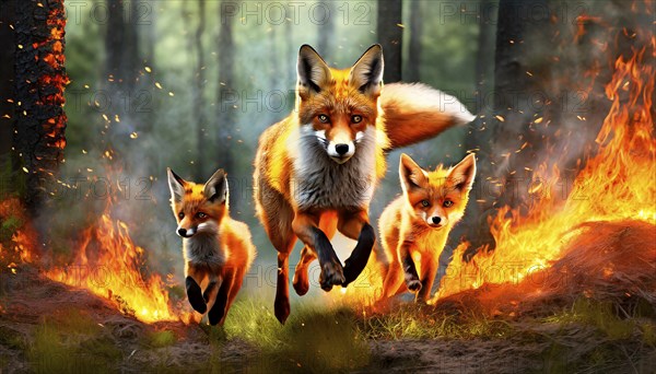 Climate change, global warming, environmental disaster, a red fox, a fawn, flees with her pups from