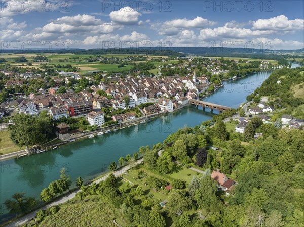 Aerial view of Diessenhofen with the historic wooden bridge over the Rhine, Canton Thurgau,