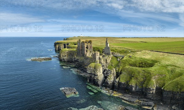 Aerial view of Girnigoe and Sinclair Castle ruins, rock castle on the North Sea coast, Wick, County