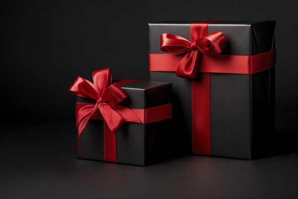 A black Friday Sale concept with black present boxes with red ribbons on a black background, AI