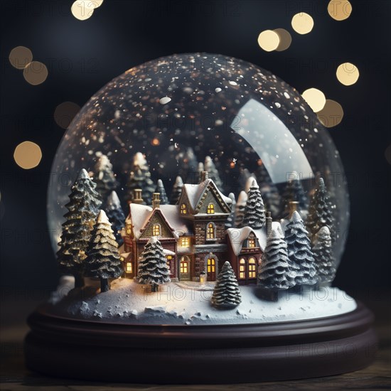 Winter Wonderland with house and trees in Glass Ball Snow Globe on table and blurred bokeh