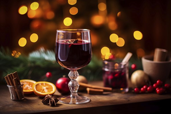 Glass of traditional mulled wine with orange and cranberry garnishes on a cozy Christmas table. The