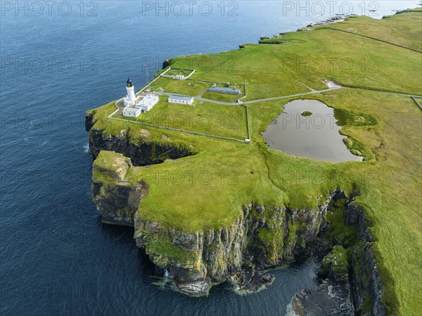 Aerial view of the lighthouse at Noss Head, North Sea coast, Wick, County Caithness, Scotland,