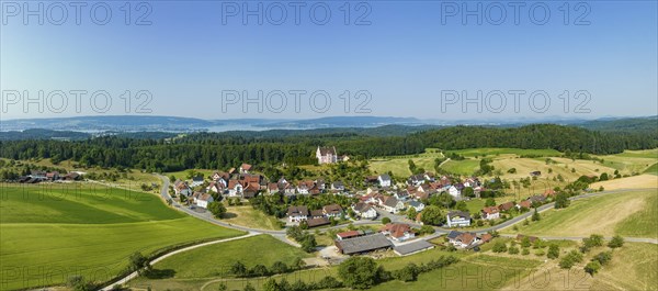Aerial panorama of the village Freudental with the castle Freudental on the Bodanrück, on the right