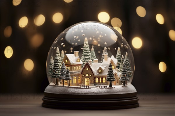 Winter Wonderland with house and trees in Glass Ball Snow Globe on table and blurred bokeh