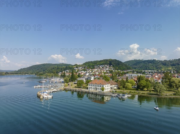 Aerial view of Lake Constance with the municipality of Bodman-Ludwigshafen with the marina and old