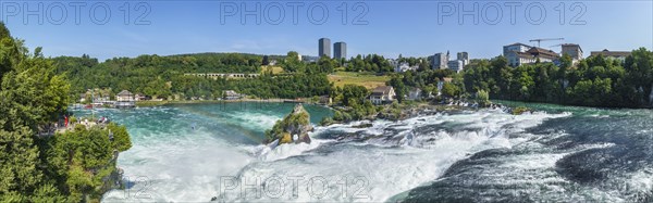 Aerial panorama of the Rhine Falls, viewing terrace on the left, Neuhausen, Canton Schaffhausen,