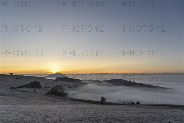 View from the old post road near Leipferdingen into the wintry and misty Hegaulandschaft shortly in
