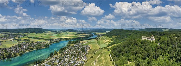 Aerial panorama of Hohenklingen Castle near Stein am Rhein, Canton Schaffhausen, Switzerland,