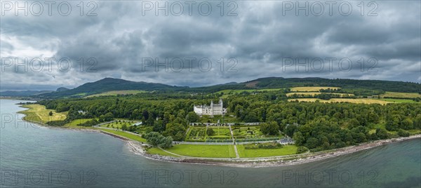 Aerial panorama of Dunrobin Castle, Golspie, Sutherland, Highlands, Scotland, United Kingdom,