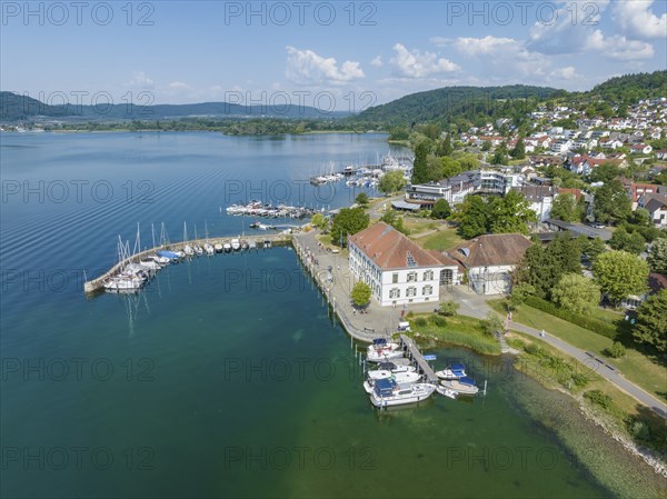 Aerial view of Lake Constance with the municipality of Bodman-Ludwigshafen with the marina and old